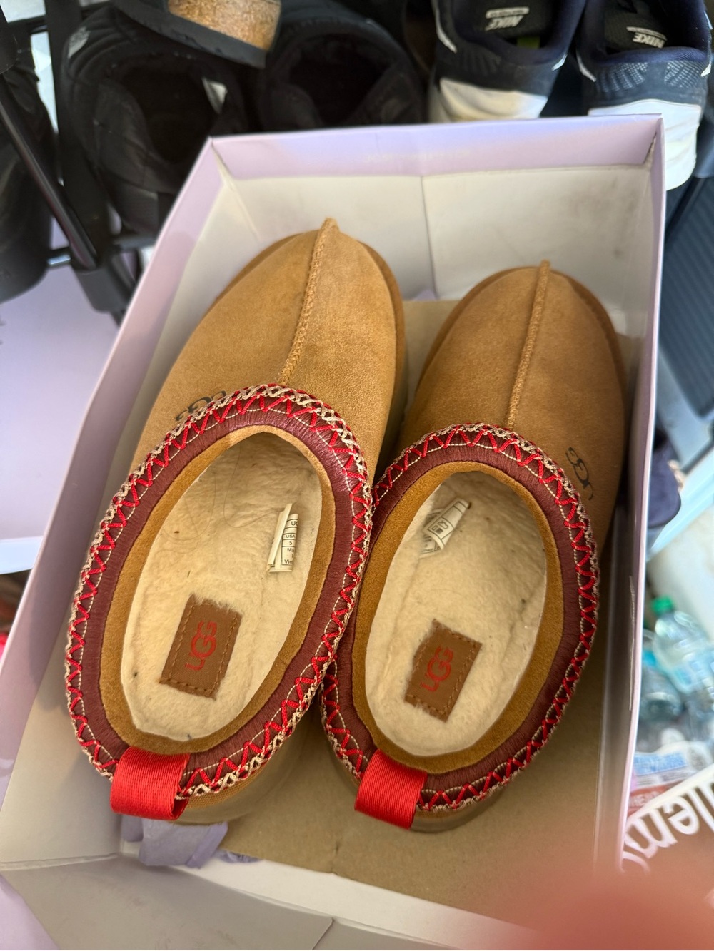UGG Platform Chestnut Slippers with Red Trim